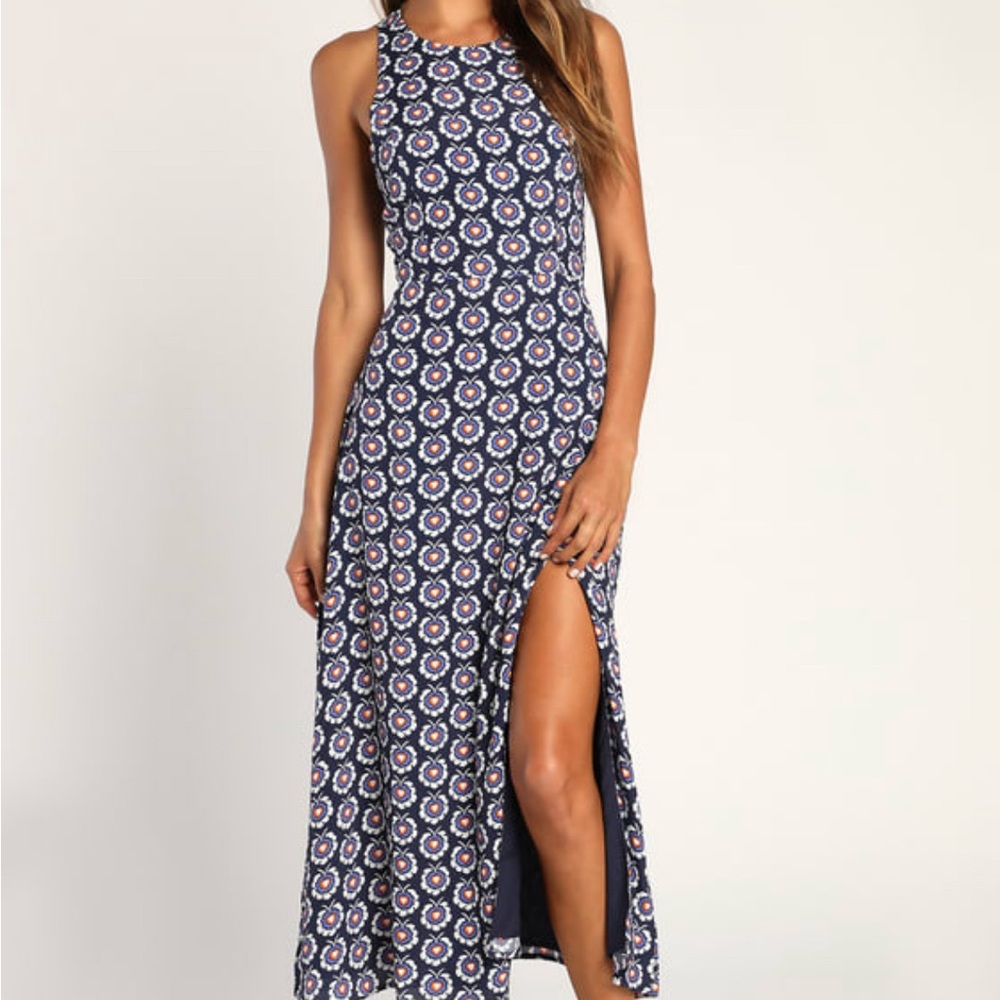 Navy Blue Boho Print Tie-Back Midi Dress